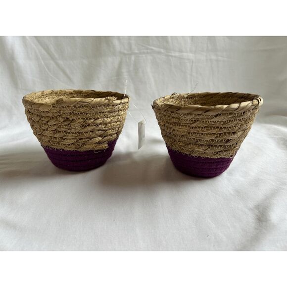 Tan/Purple Small Woven Basket Set of Two, Plants, Decoration, 5.5x4 Inches NWT - Picture 1 of 5